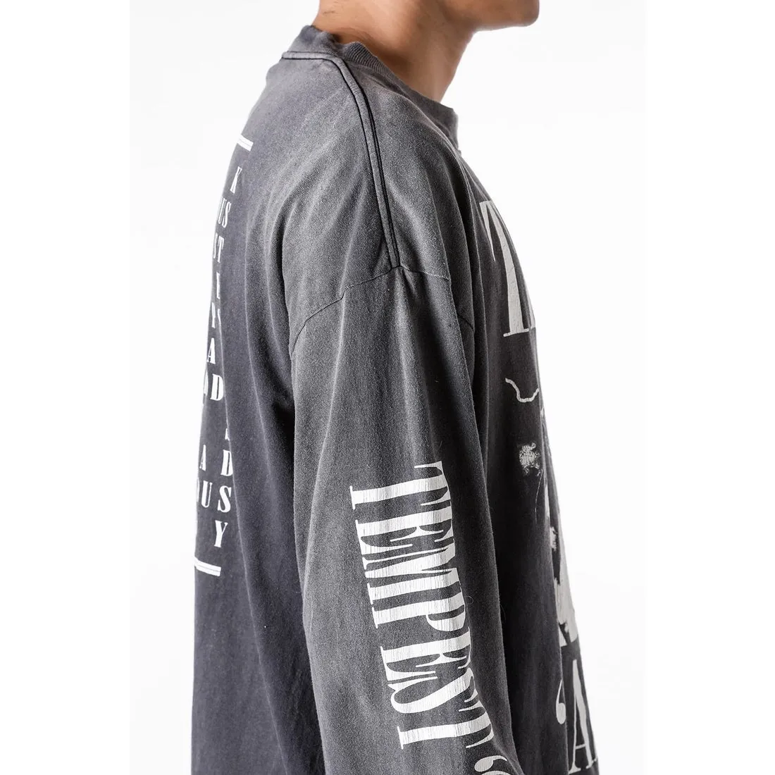 SAINT Mxxxxxx LS TEE/TEMPEST/BLK 'TEMPEST SAINT' Storm Religious Saints Cracked Retro Vulcanized Heavy Wash Long Sleeves Washed Black S-XL Assute Dyeing Multi-bit Horse Fading Craftsmanship Grinding and Hanging Holes Full of Old Feeling Top Printing Craftsmanship Purchasing Level